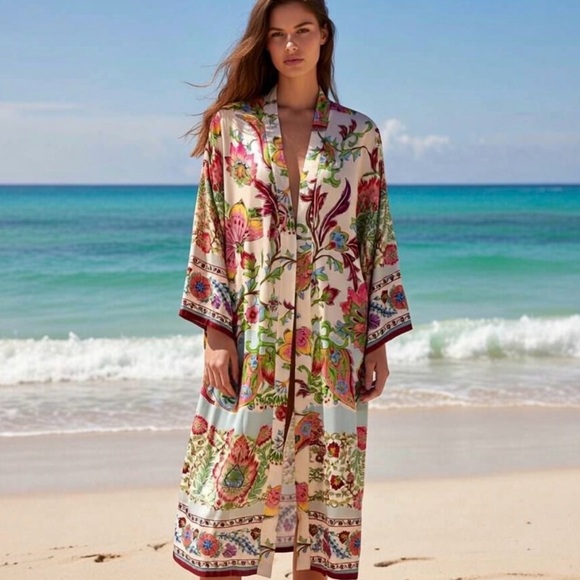 NWT ZARA Floral Printed Long Kimono Belted Beach Boho Style Pink Size XS - Picture 16 of 16